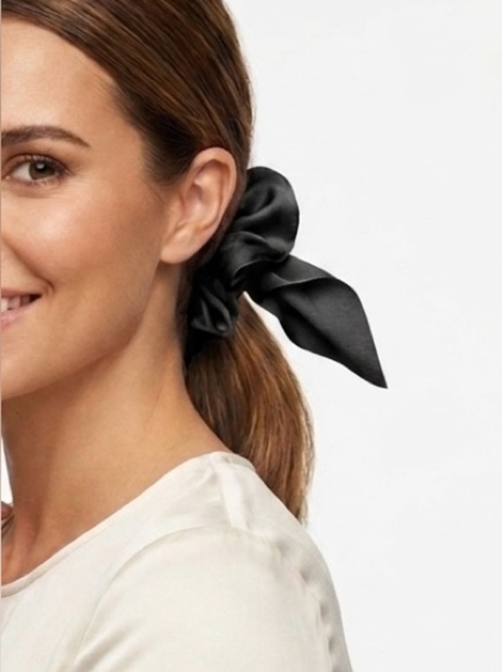 Silky Black Hair Scrunchie w Bow - Elastic
Band Hair Tie